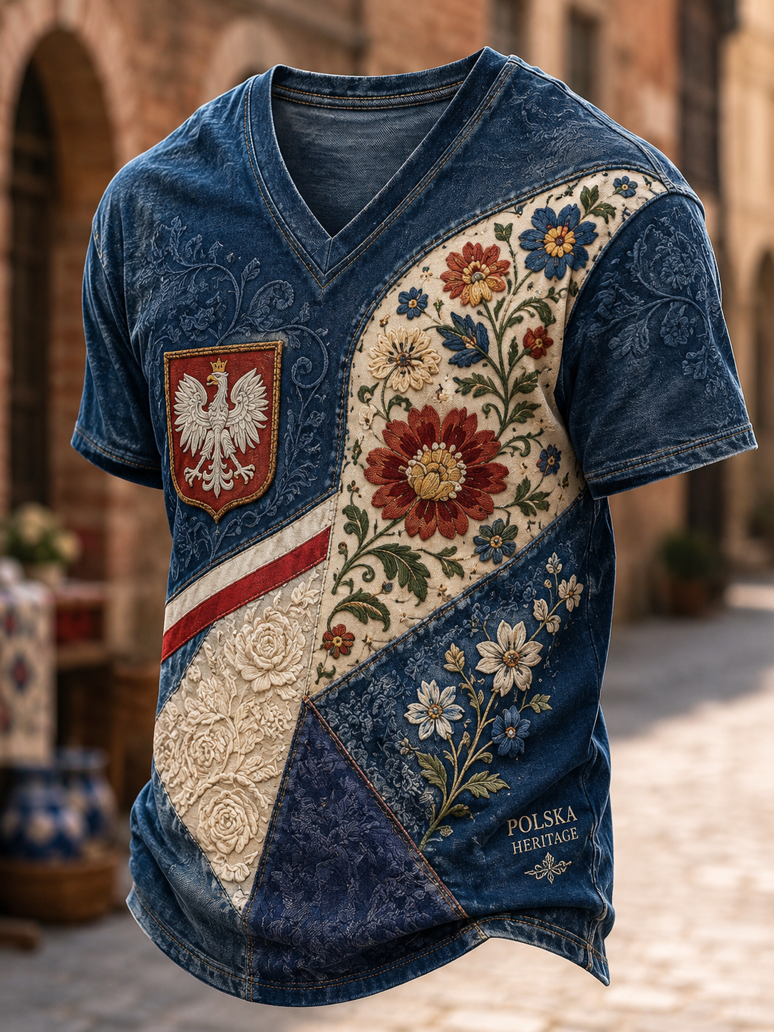 Męski t-shirt z Polską i dekoltem w kształcie litery V
