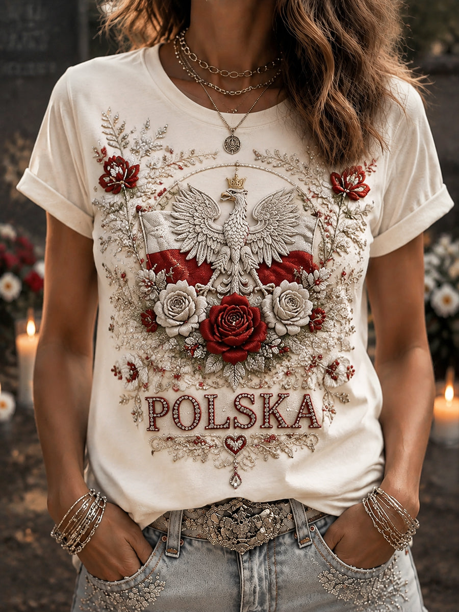 Damski Retro Polski Orzeł Kwiatowy T-Shirt Casual