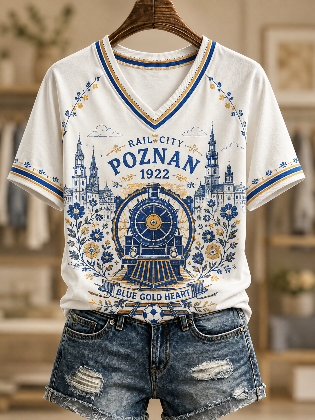 Damski t-shirt z dekoltem w kształcie litery V i odkrytymi ramionami, z krótkim rękawem, z motywem kultury piłkarskiej Kolejorza