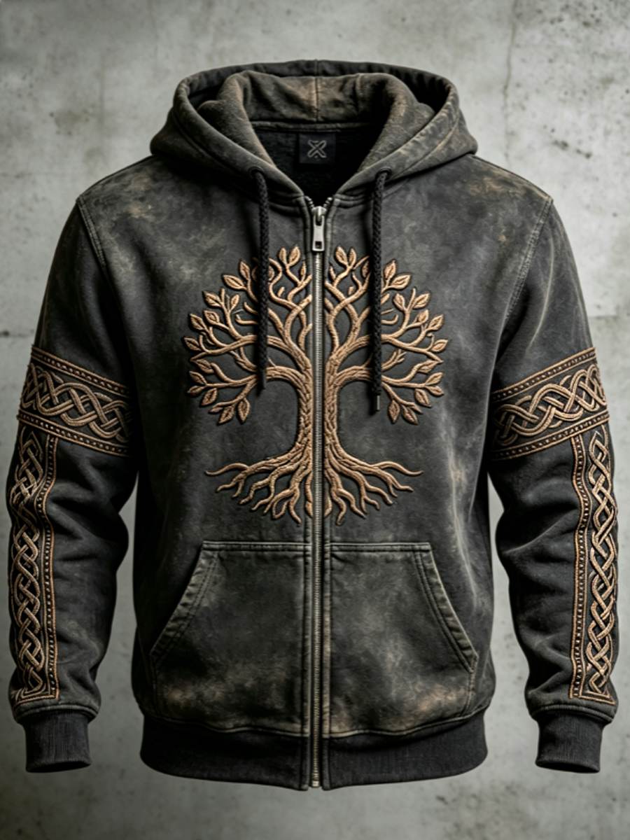 Męskie Retro Viking Valknut Drzewo Życie Kolor Blok Projekt Sztuki Zip-Up Bluza z kapturem