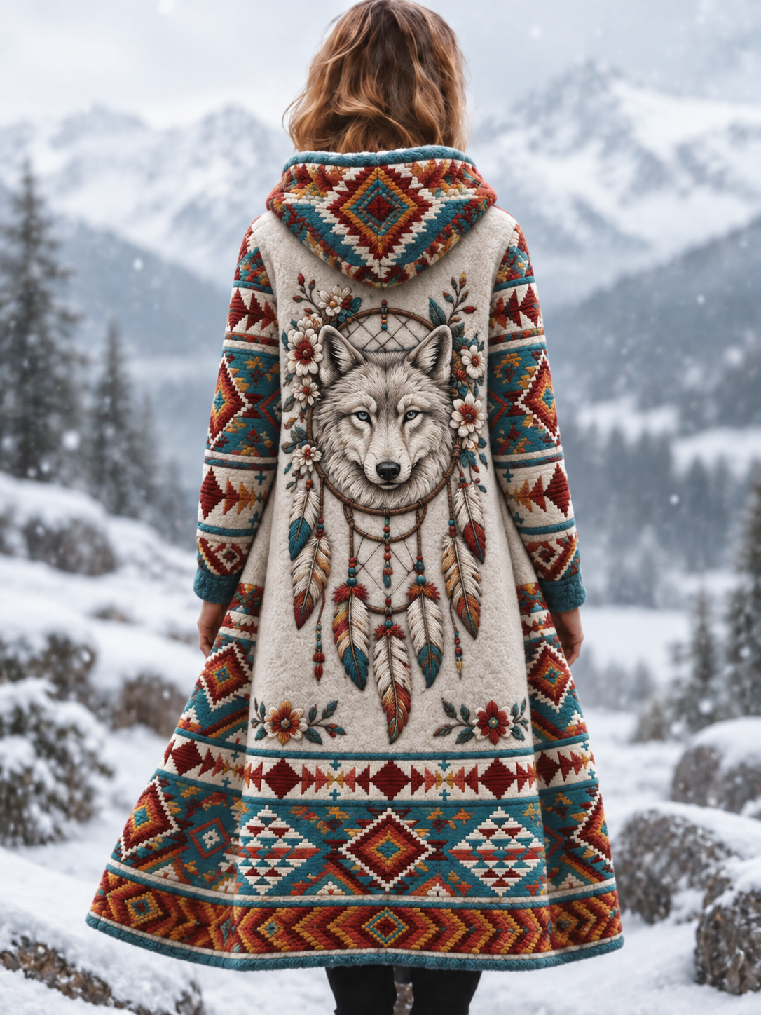 Damska kurtka Vintage Viking Wolf Head Aztec Gruba flanelowa