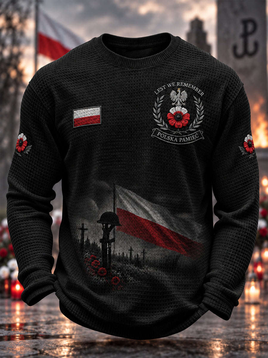 Męski wojskowy t-shirt z waflową fakturą i długim rękawem z polskim motywem pamiątkowym
