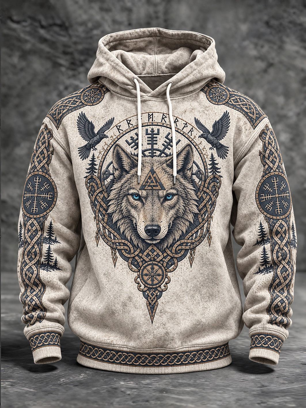 Męskie Retro Viking w stylu Wolf Head wzór Nadruk Casual Bluza z kapturem