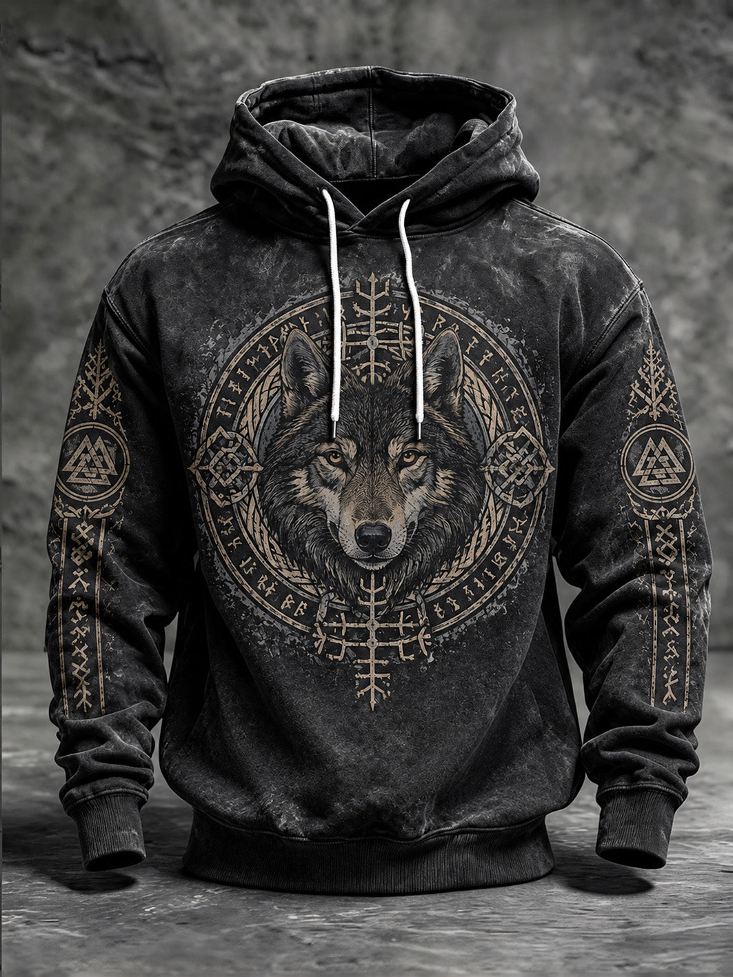 Męska codzienna bluza z kapturem w stylu retro, z motywem głowy wilka w stylu wikingów