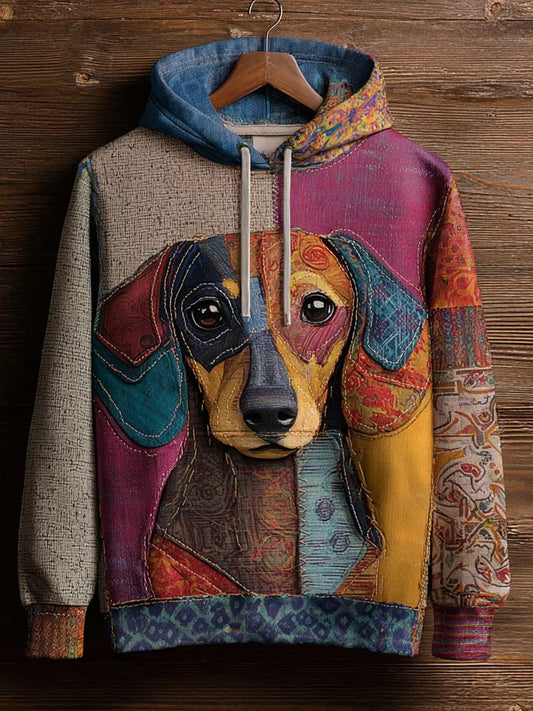 Vintage Patchwork Dog Print Art Casual Bluza z kapturem