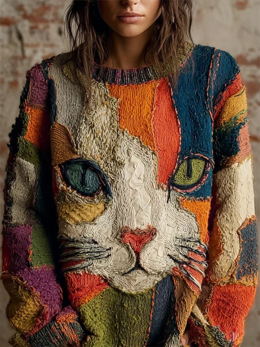 Damski sweter z dzianiny w stylu vintage Cat Art Print