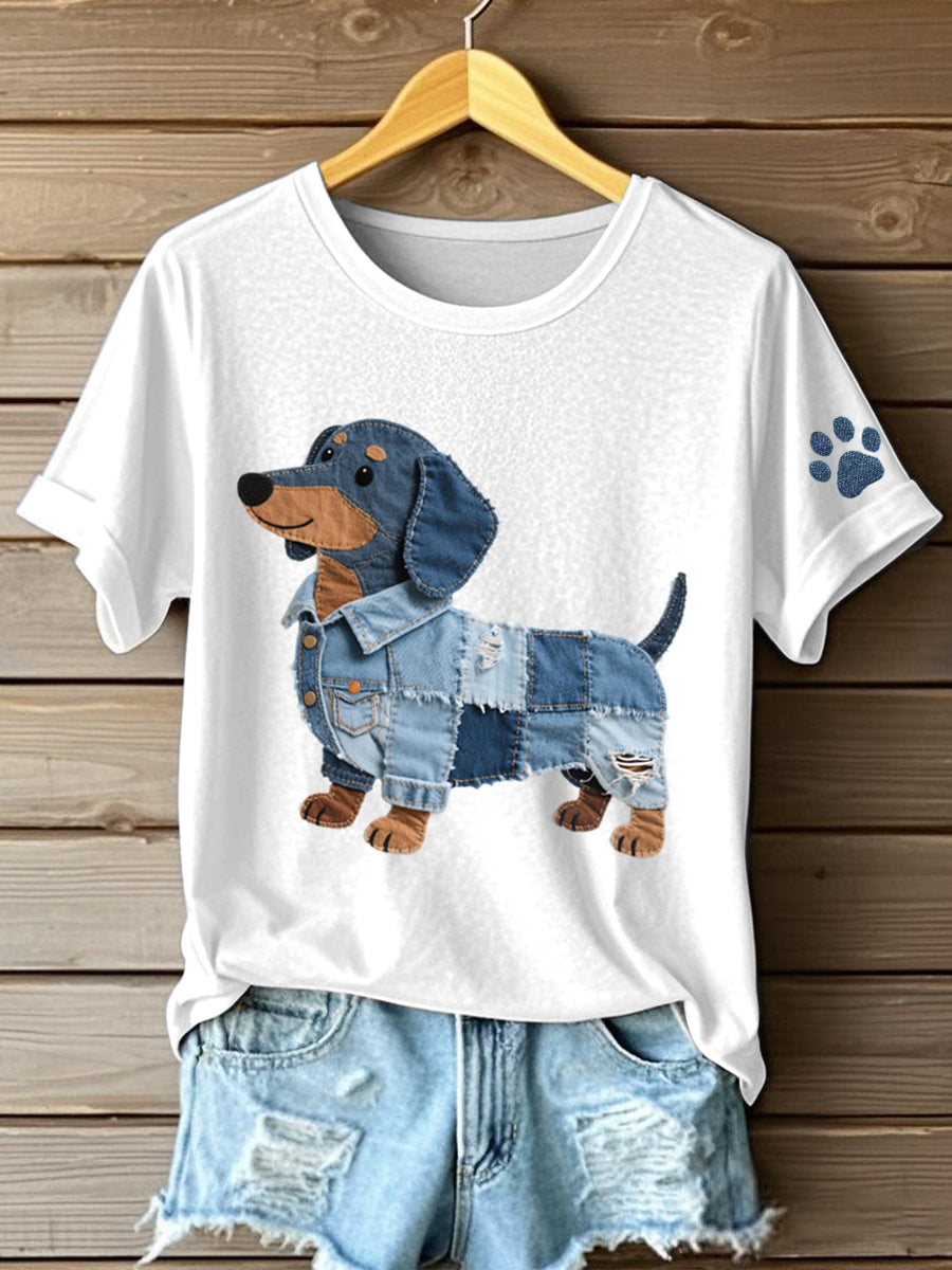 Damski jeansowy patchwork art jamnik wzór T-Shirt