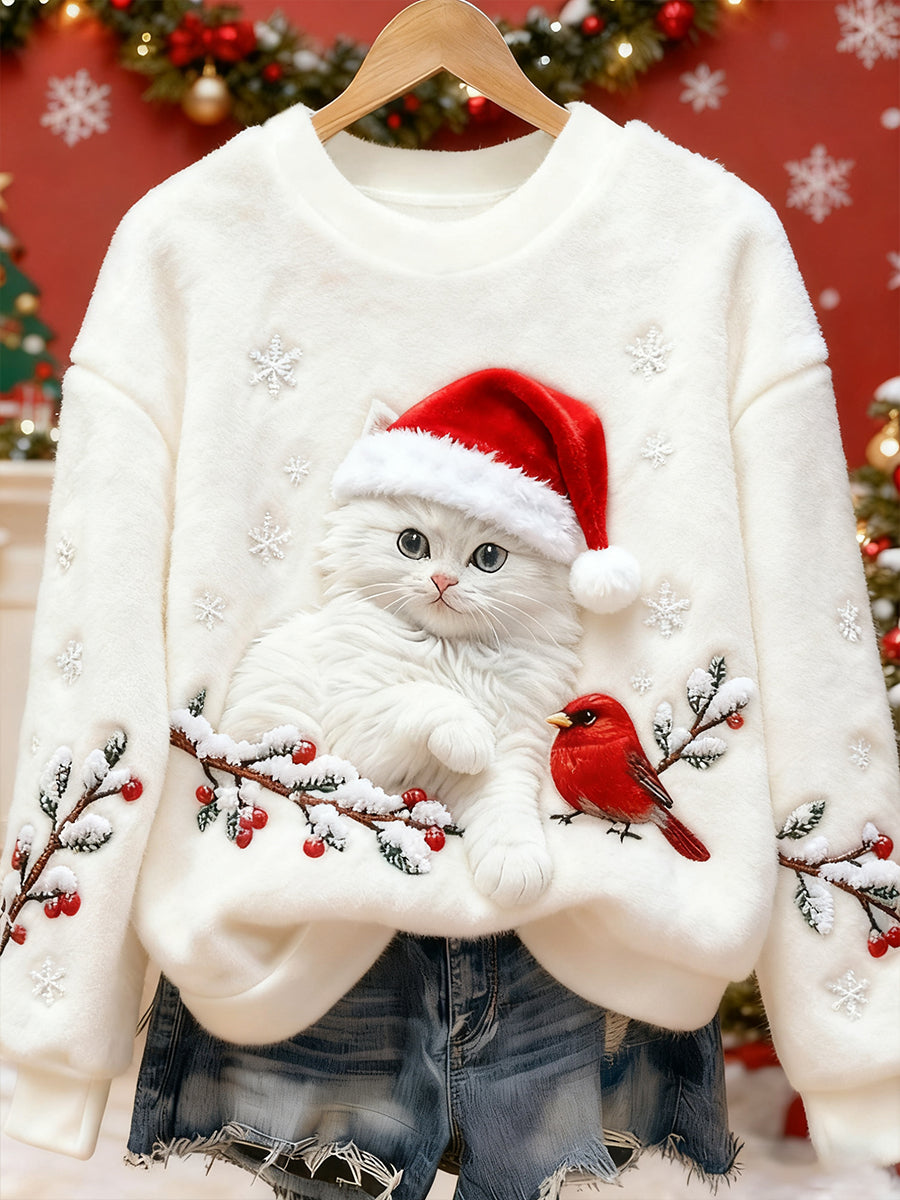 Damska śliczna świąteczna bluza z motywem Cat Art Print Casual Flanelowa bluza
