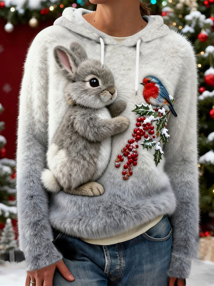 Damska flanelowa bluza z kapturem na Boże Narodzenie Bunny