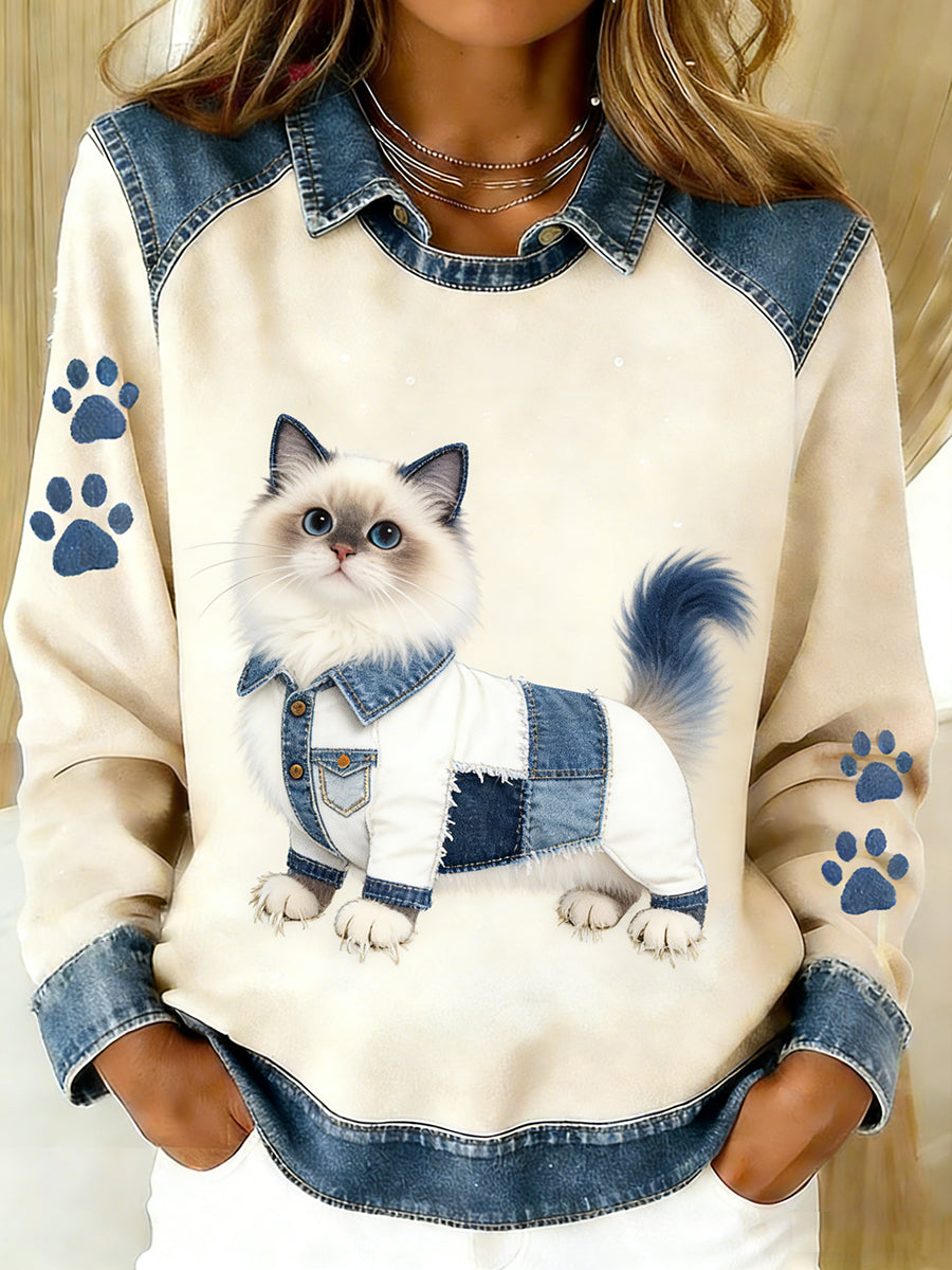 Damski Vintage Denim Patchwork Top z nadrukiem w stylu zwierzęcym, swobodny i wygodny