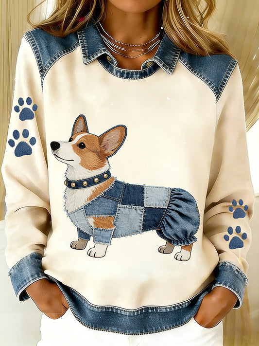 Damski Vintage Denim Patchwork Top z nadrukiem w stylu zwierzęcym, swobodny i wygodny