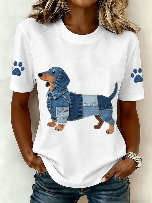 Damski jeansowy patchwork art jamnik wzór T-Shirt