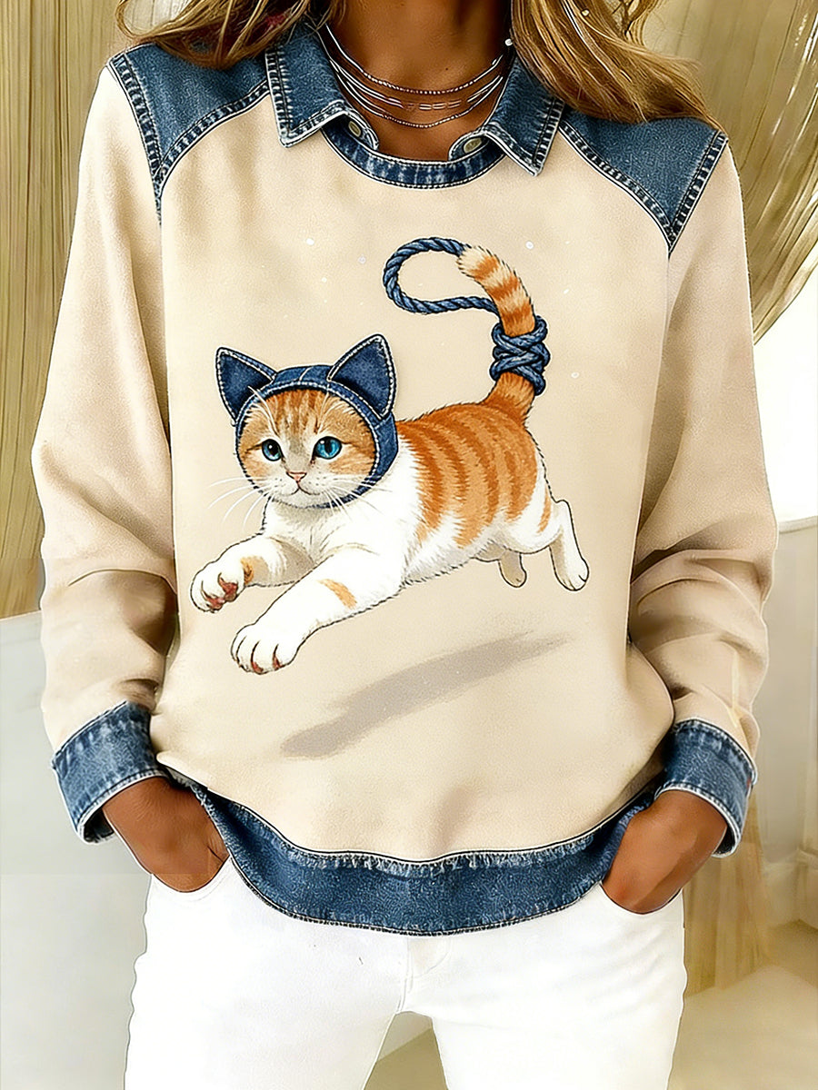 Damski Vintage Denim Patchwork Top z nadrukiem w stylu zwierzęcym, swobodny i wygodny