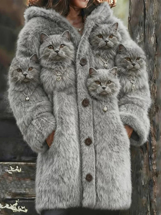 Damska ciepła kurtka z nadrukiem kota dla zwierząt