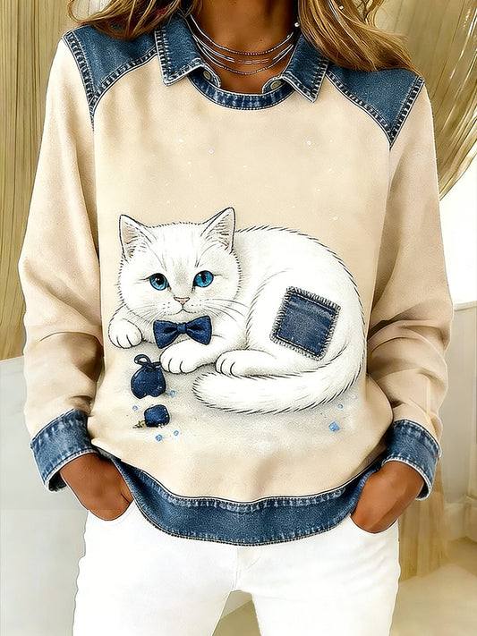 Damski Vintage Denim Patchwork Top z nadrukiem w stylu zwierzęcym, swobodny i wygodny