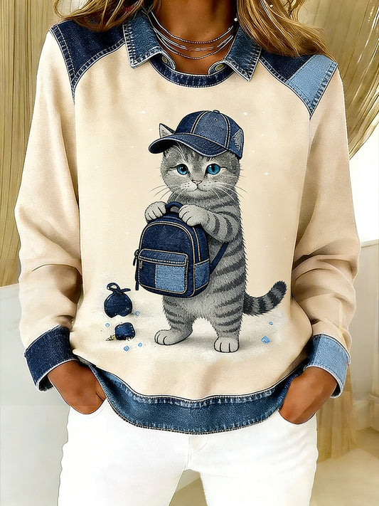 Damski Vintage Denim Patchwork Top z nadrukiem w stylu zwierzęcym, swobodny i wygodny