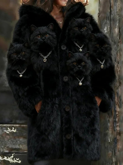 Damska ciepła kurtka z nadrukiem kota dla zwierząt