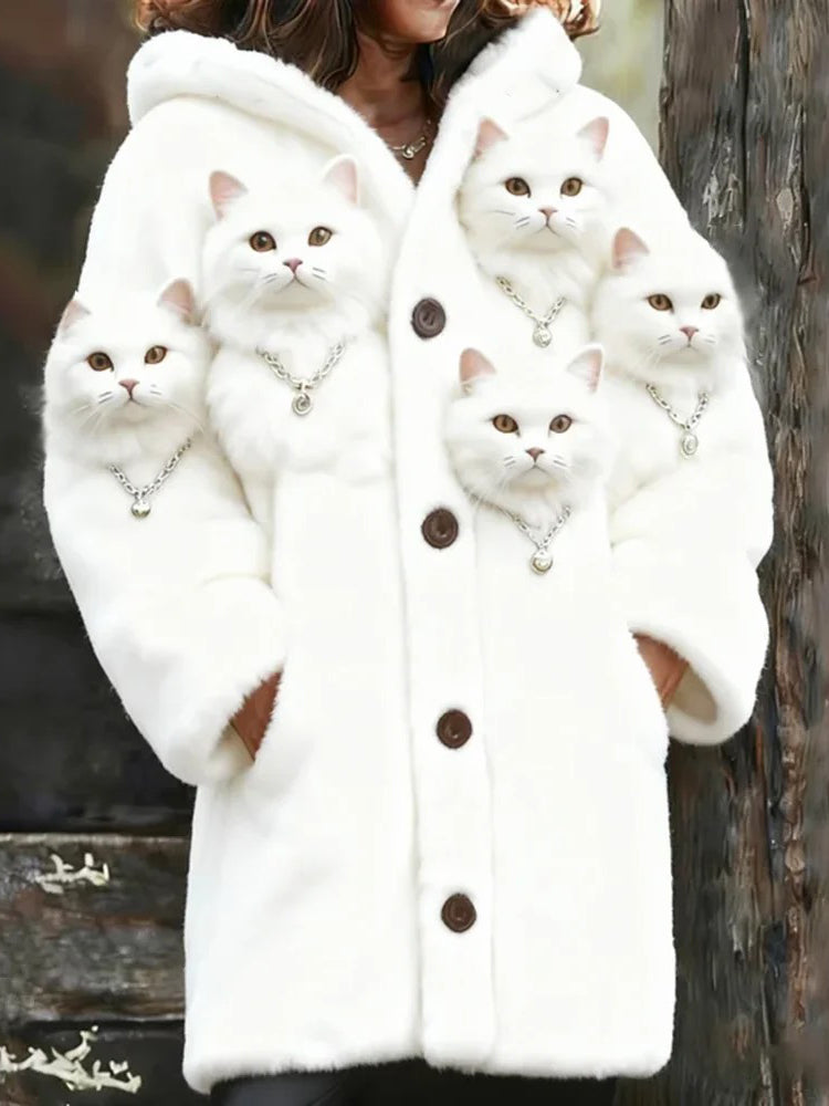 Damska ciepła kurtka z nadrukiem kota dla zwierząt