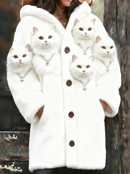 Damska ciepła kurtka z nadrukiem kota dla zwierząt