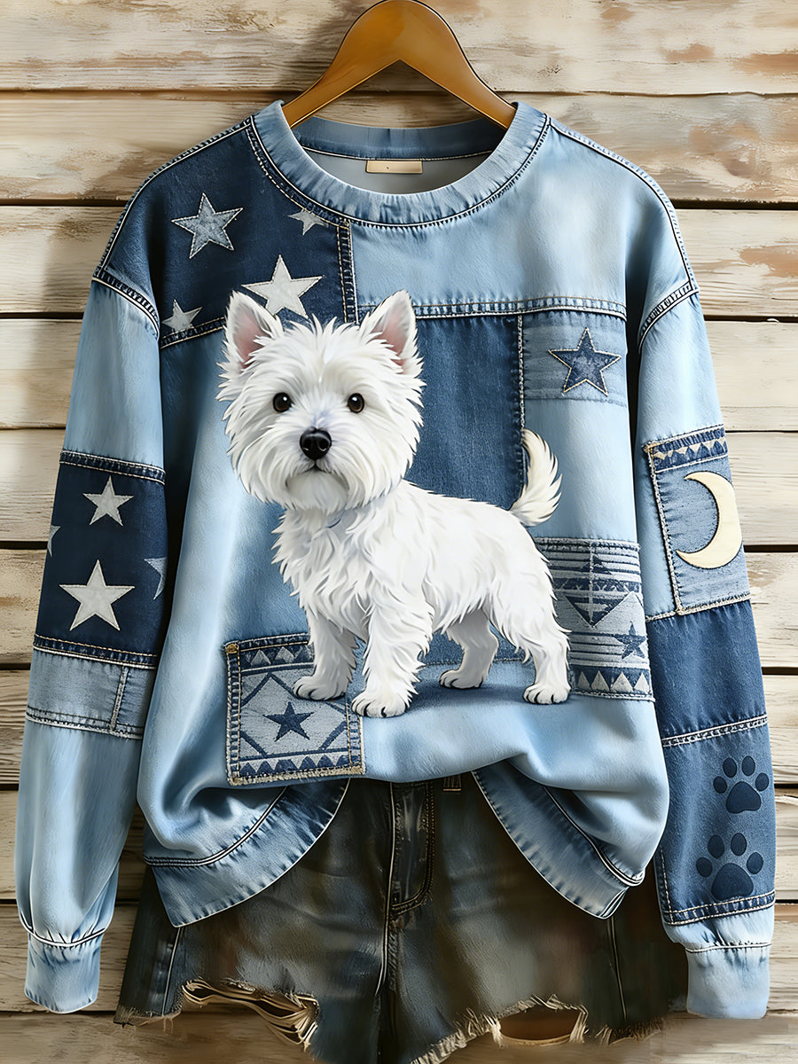 Damska bluza z długim rękawem w stylu retro Patchwork Animal Art Print Casual Comfort