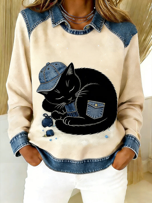 Damski Vintage Denim Patchwork Top z nadrukiem w stylu zwierzęcym, swobodny i wygodny