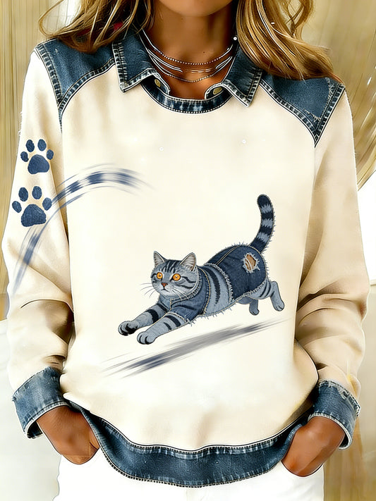 Damski Vintage Denim Patchwork Top z nadrukiem w stylu zwierzęcym, swobodny i wygodny