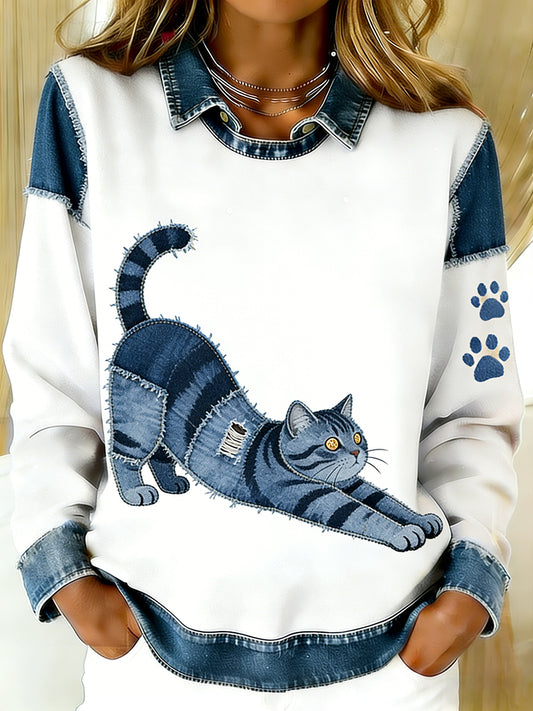 Damski Vintage Denim Patchwork Top z nadrukiem w stylu zwierzęcym, swobodny i wygodny