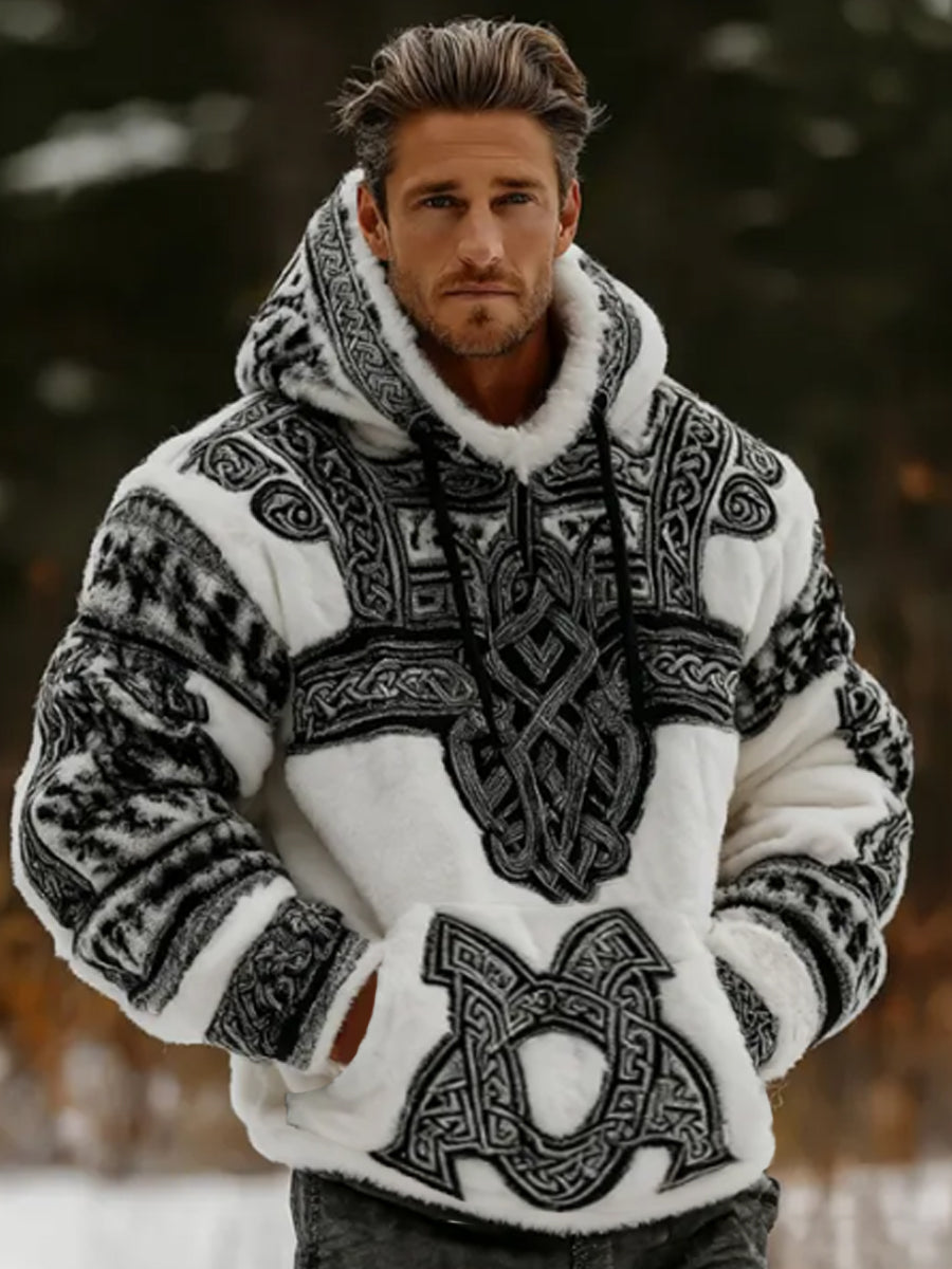 Męskie Viking Vintage celtycki knot flanelowy ciepły z kapturem