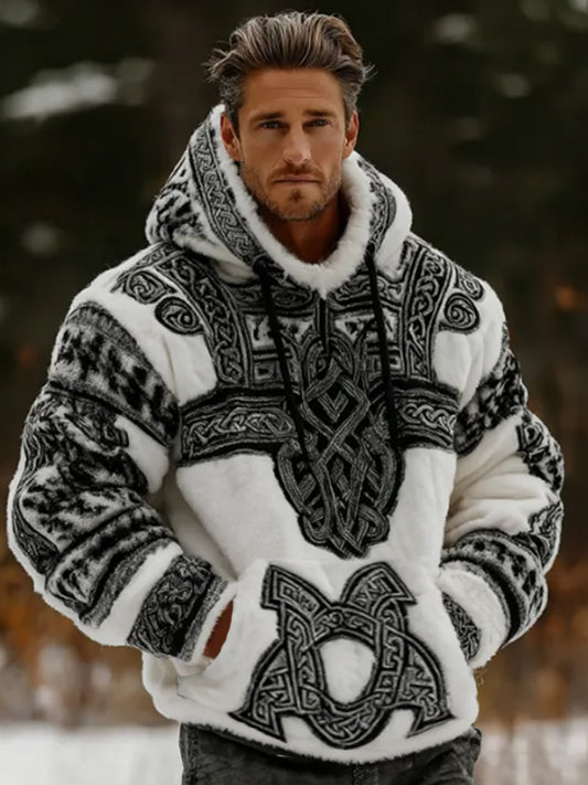 Męskie Viking Vintage celtycki knot flanelowy ciepły z kapturem