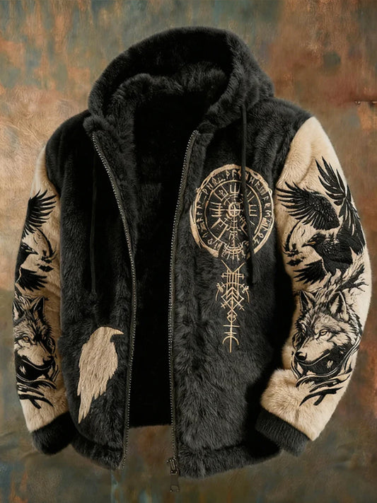 Męska pluszowa ciepła zapinana na zamek kurtka z kapturem Viking Tribal Jacquard Crow