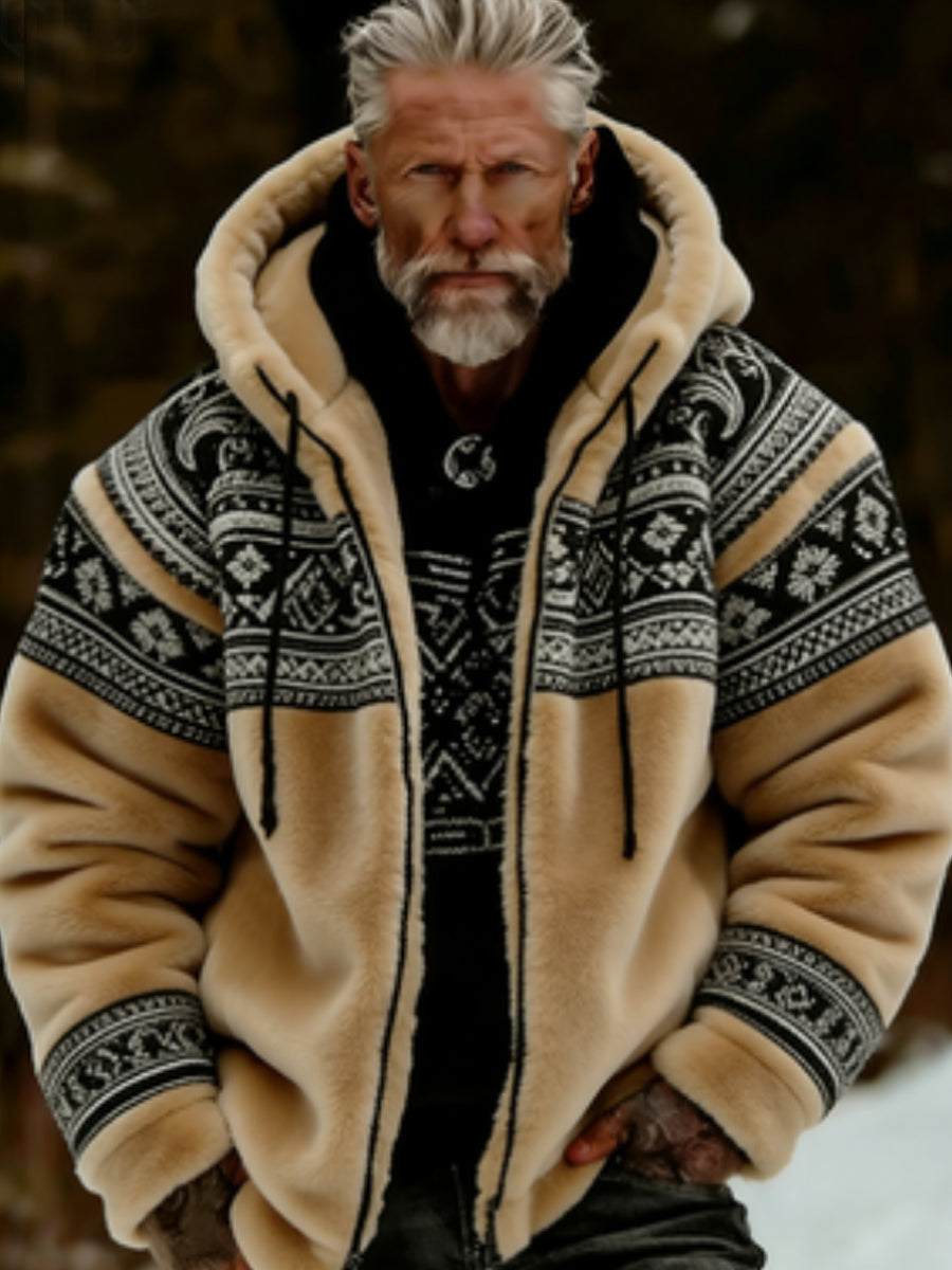 Męska pluszowa pluszowa kurtka z kapturem Viking Celtic Art Przytulna ciepła zapinana na zamek