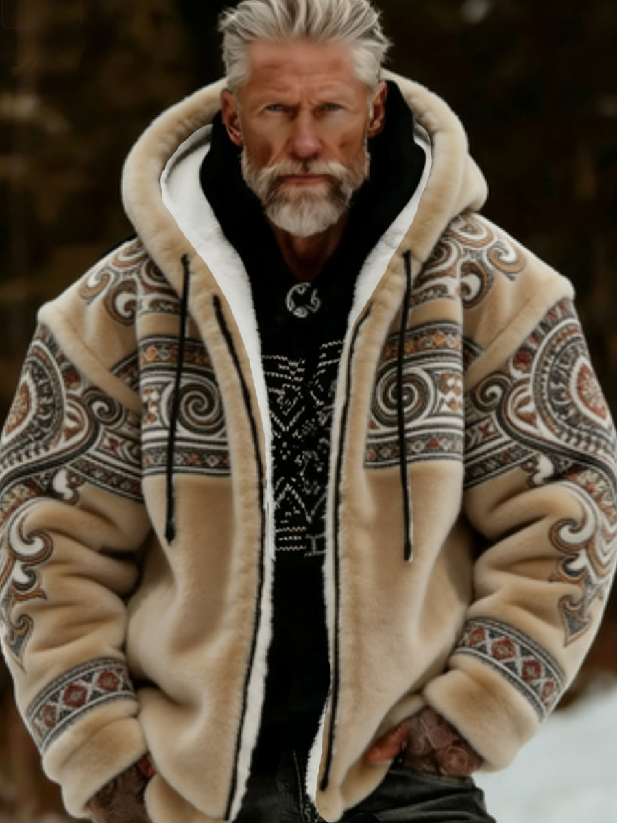Męska pluszowa pluszowa kurtka z kapturem Viking Celtic Art Przytulna ciepła zapinana na zamek