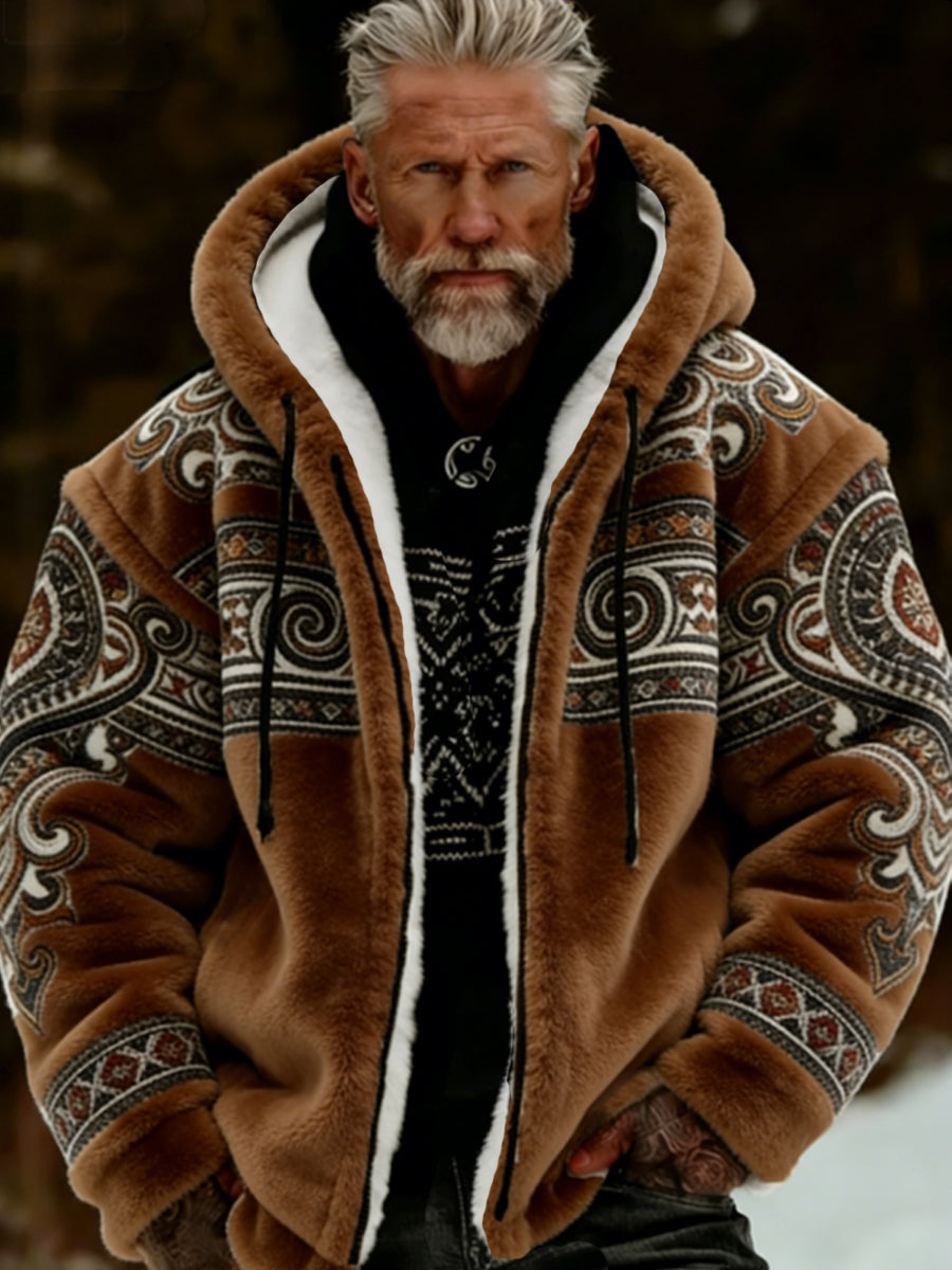 Męska pluszowa pluszowa kurtka z kapturem Viking Celtic Art Przytulna ciepła zapinana na zamek