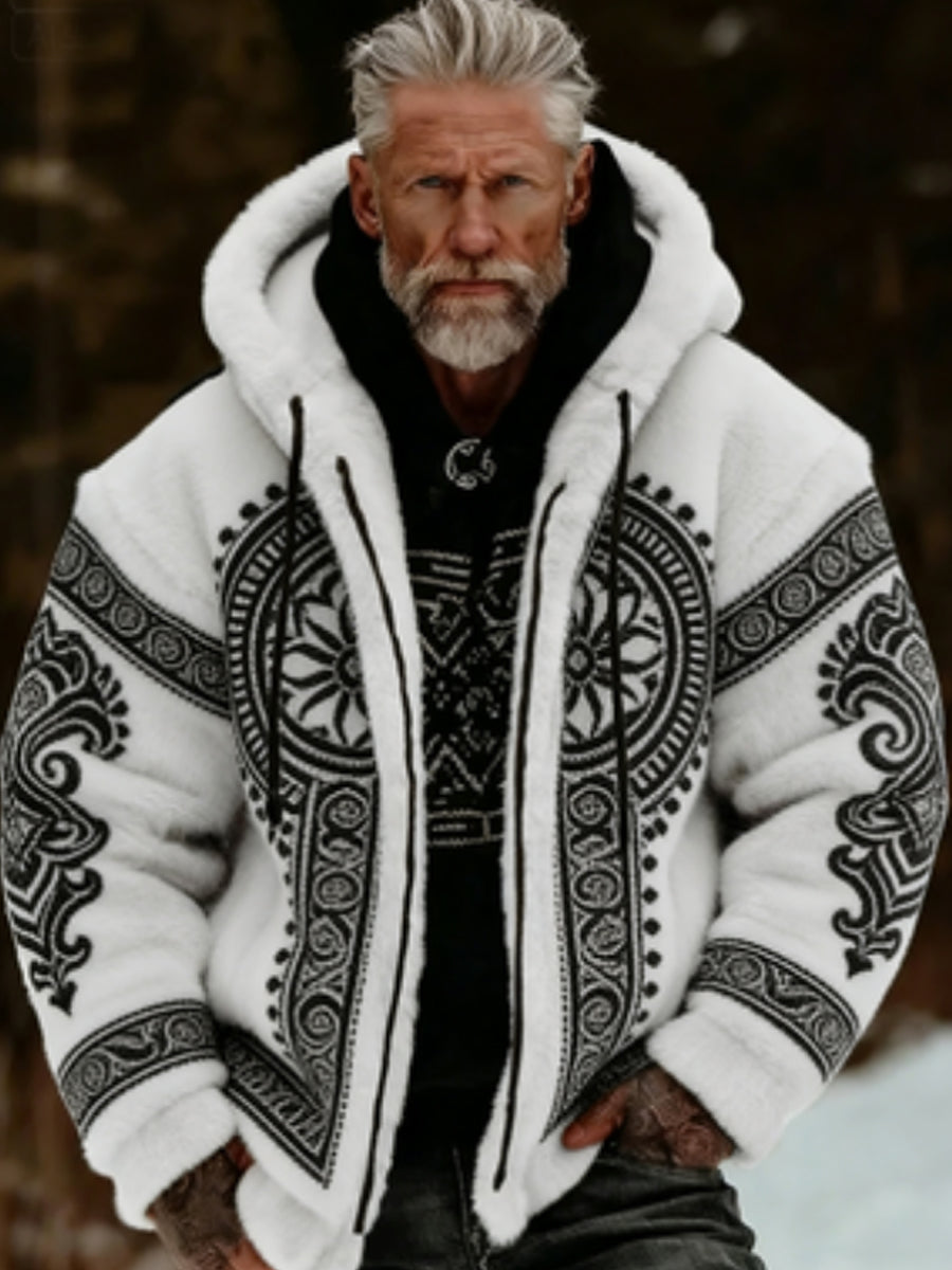 Męska pluszowa pluszowa kurtka z kapturem Viking Celtic Art Przytulna ciepła zapinana na zamek