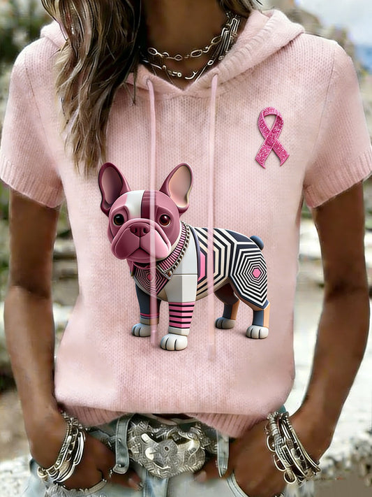 Damska koszulka z kapturem Cute Bulldog Breast Cancer Awareness Casual