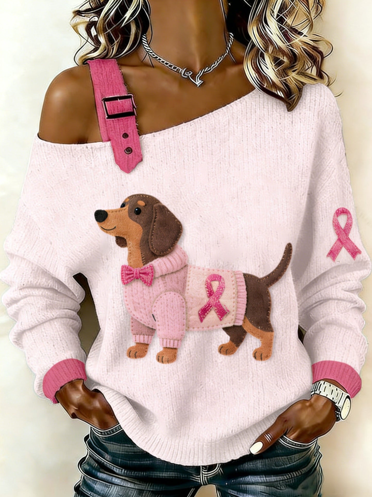 Damski retro jamnik świadomość raka piersi Casual Knit Top