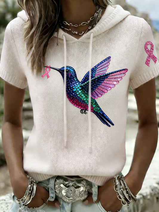 Damska koszulka z kapturem Retro Pearl Hummingbird Breast Cancer Awareness