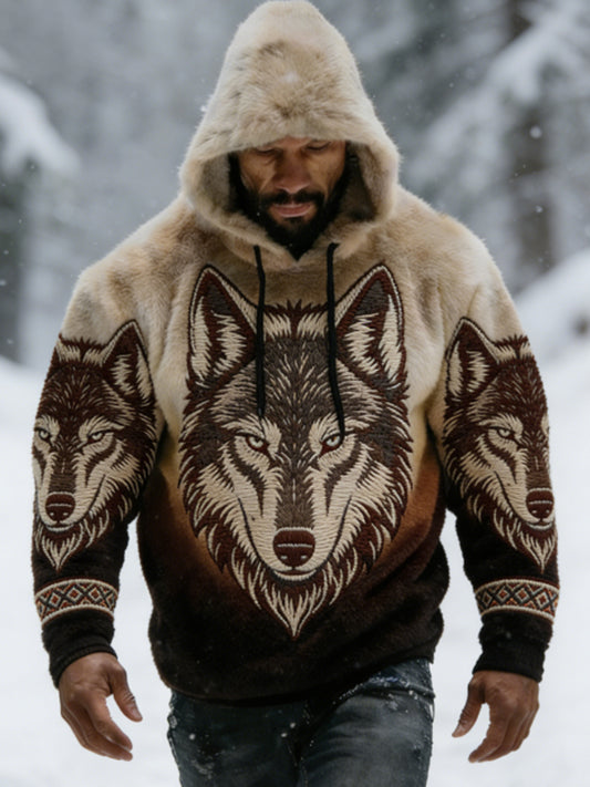 Męska Viking Vintage Wolf celtycka flanelowa ciepła bluza z kapturem
