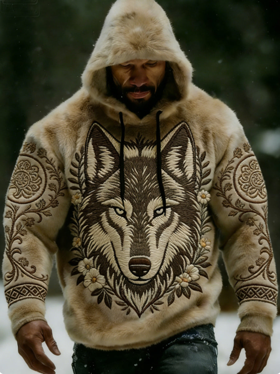 Męska Viking Vintage Wolf celtycka flanelowa ciepła bluza z kapturem