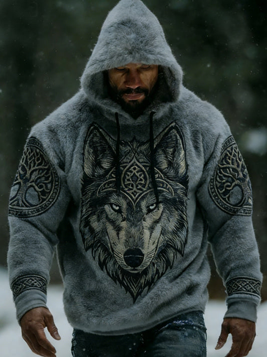 Męska Viking Vintage Wolf celtycka flanelowa ciepła bluza z kapturem