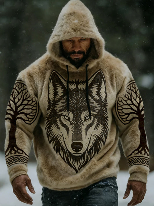 Męska Viking Vintage Wolf celtycka flanelowa ciepła bluza z kapturem