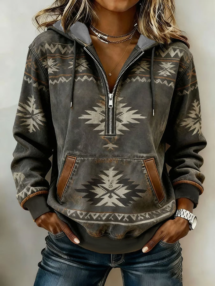 Damska bluza z kapturem Vintage Western Aztec Patchwork z kapturem