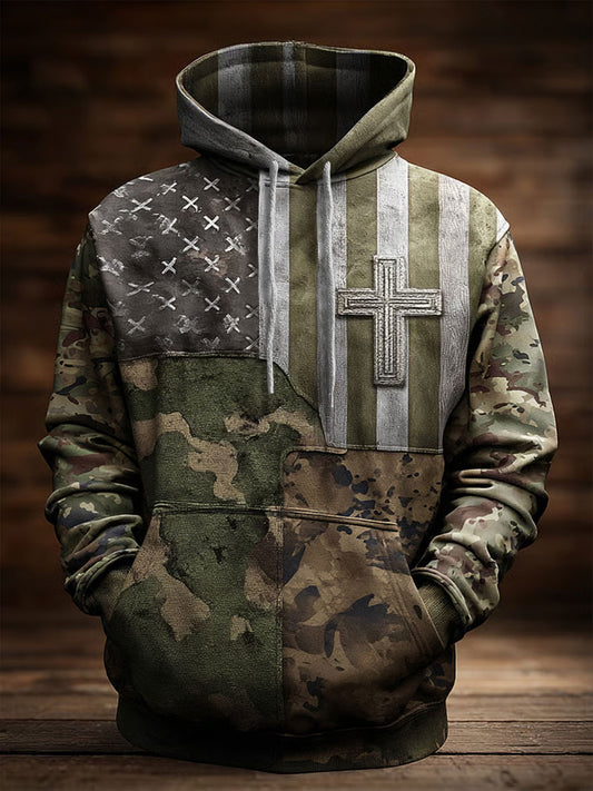 Męskie Retro Casual Faith Cross Art Nadruk Oversized z kieszeniami z kapturem