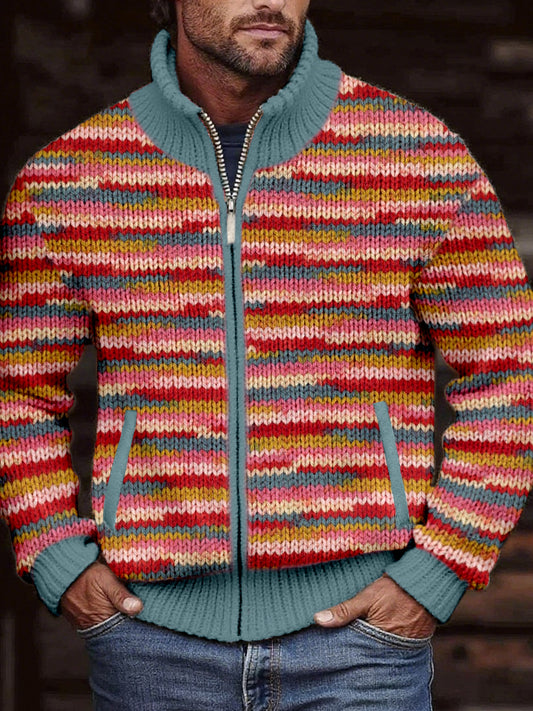 Męski kontrastowy kolor w stylu vintage Przytulny kardigan z dzianiny