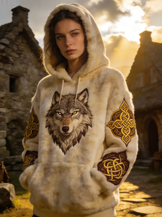 Damska Flanelowa bluza z kapturem w stylu celtyckiego wilka