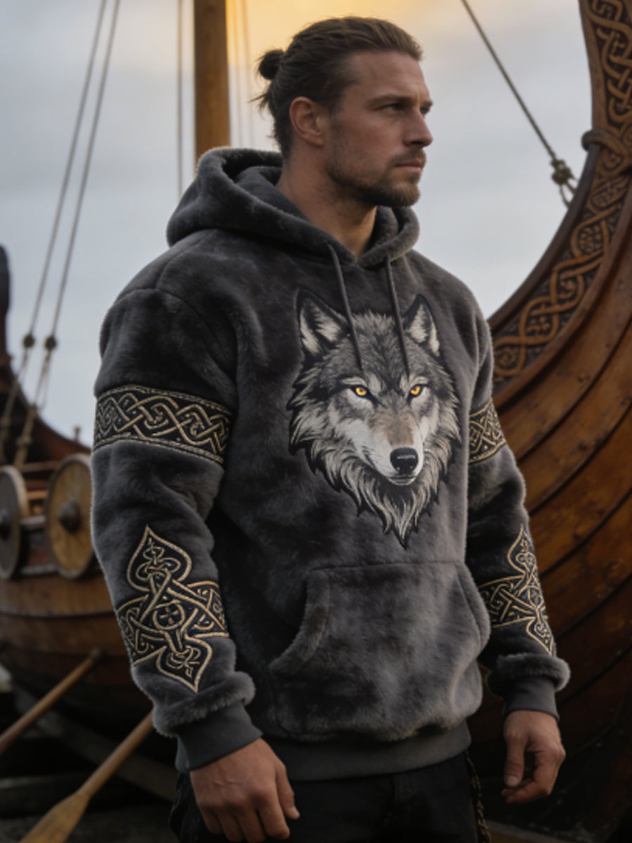 Męskie męskie Viking celtycki wilk wzór sztuka casualowa flanelowa bluza z kapturem