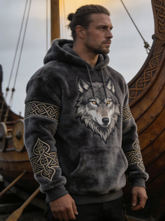 Męskie męskie Viking celtycki wilk wzór sztuka casualowa flanelowa bluza z kapturem