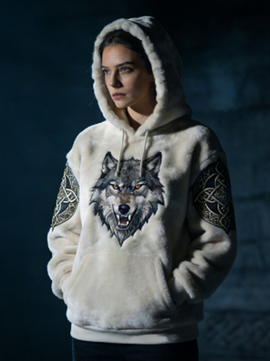 Damska Flanelowa bluza z kapturem w stylu celtyckiego wilka
