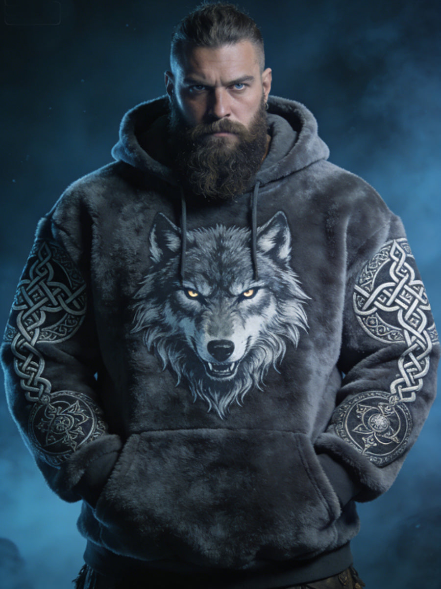 Męskie męskie Viking celtycki wilk wzór sztuka casualowa flanelowa bluza z kapturem