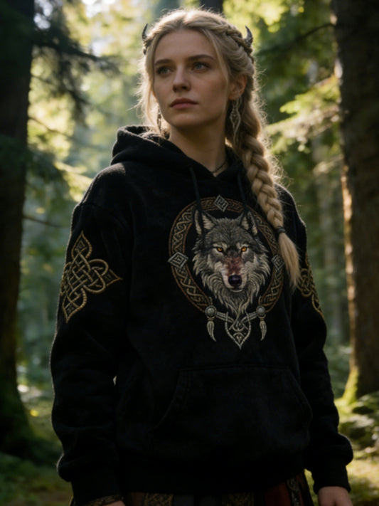 Damska Flanelowa bluza z kapturem w stylu celtyckiego wilka